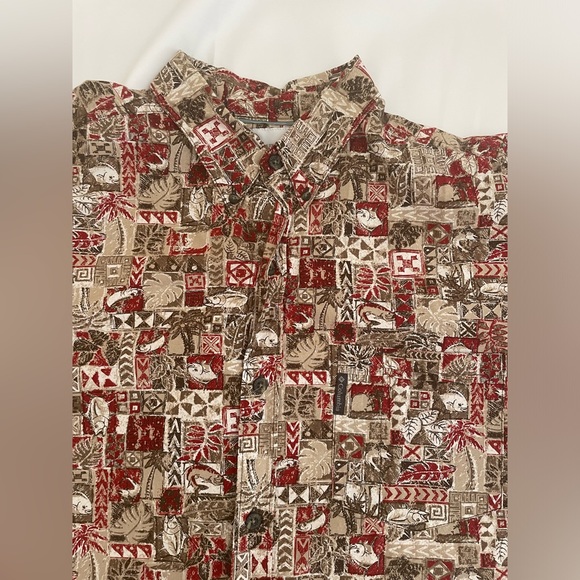 Columbia XL AOP Mens Beige Red Green Fish Palm Trees Print Button Front Shirt - Picture 2 of 4